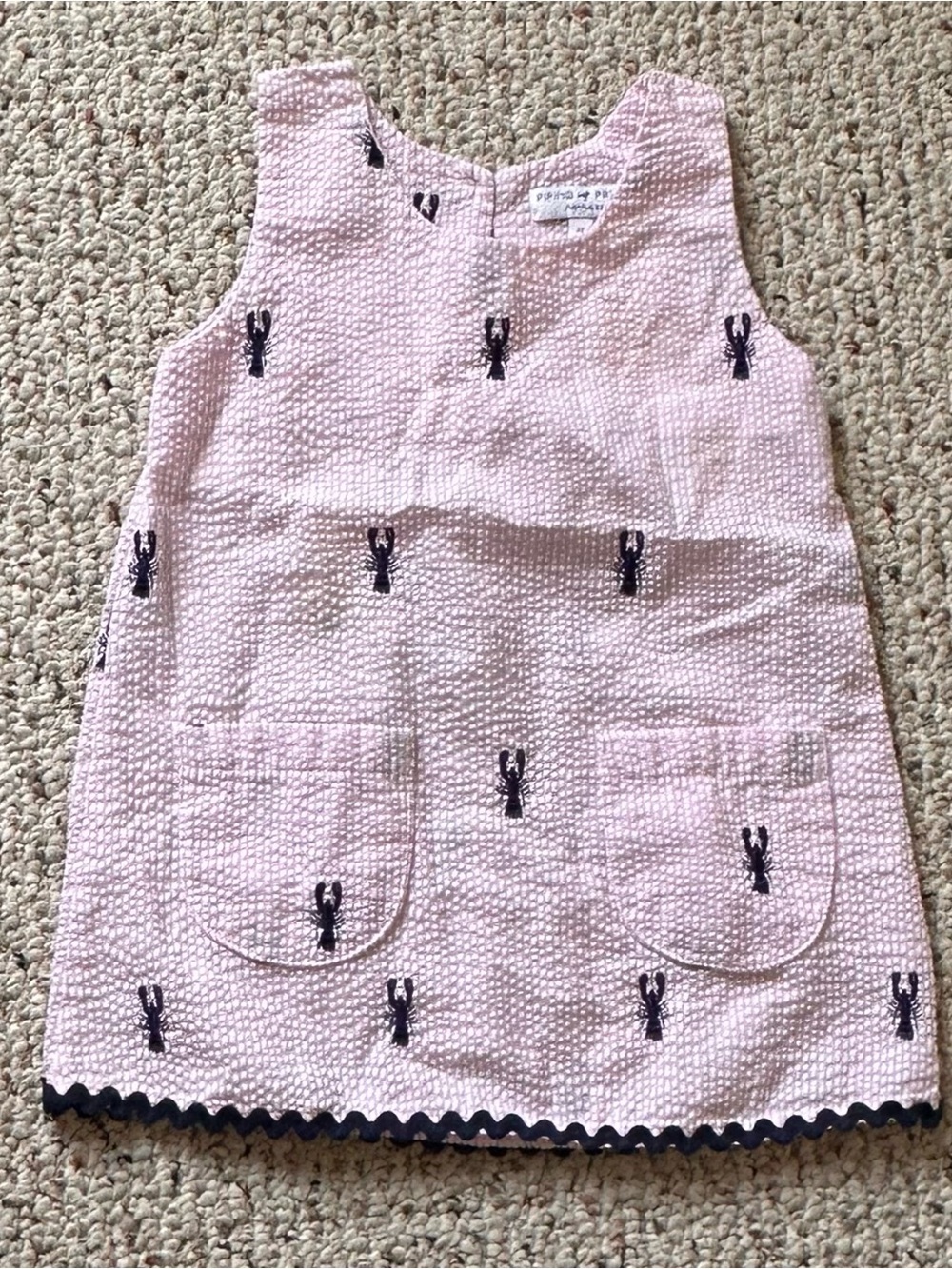 Ping Pink Nantucket Seersucker Dress with Navy Lobster Embroidery